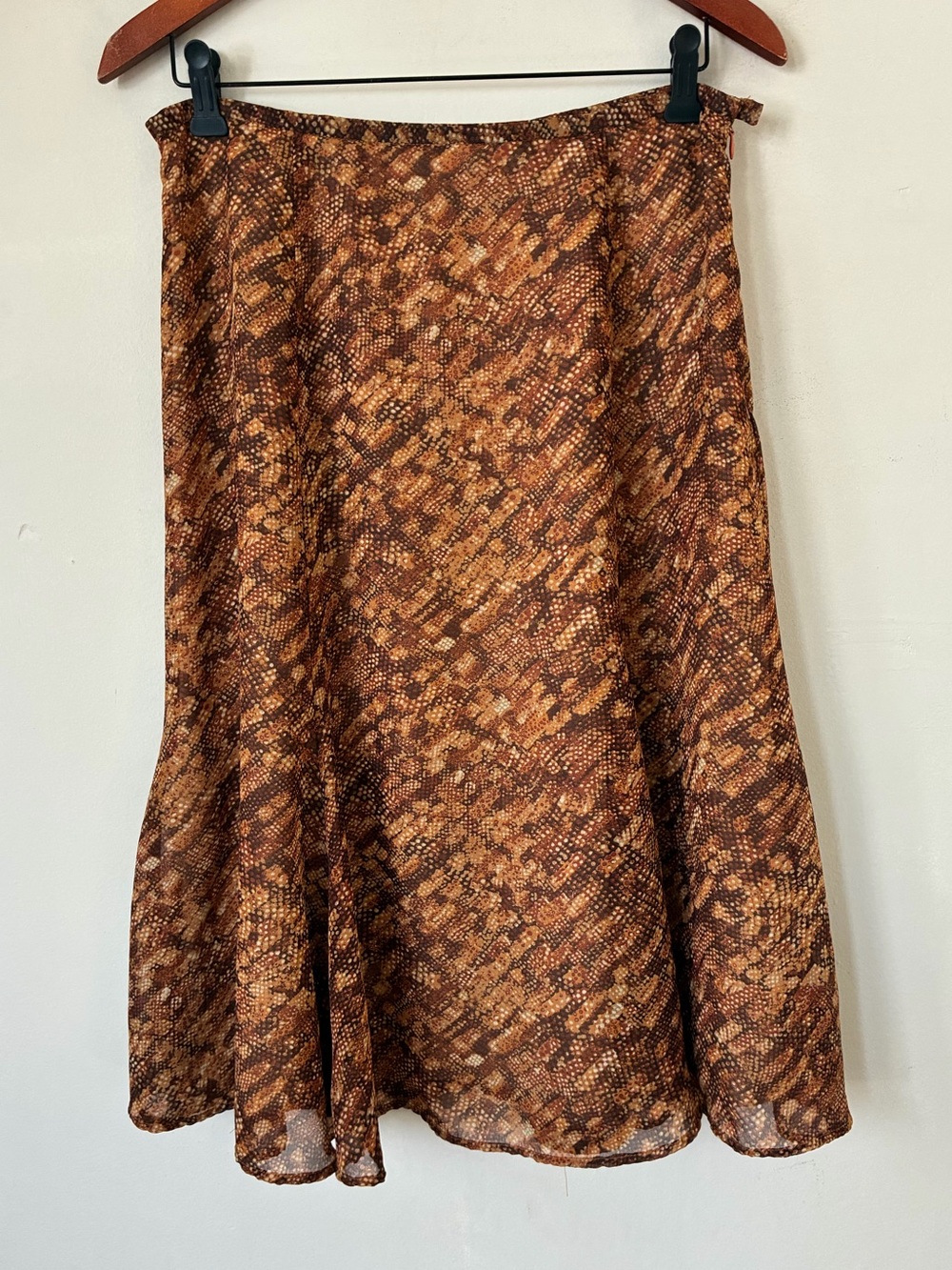 Rena Rowan Brown Snakeskin Print Chiffon Midi Skirt Size 12 Animal Print Boho